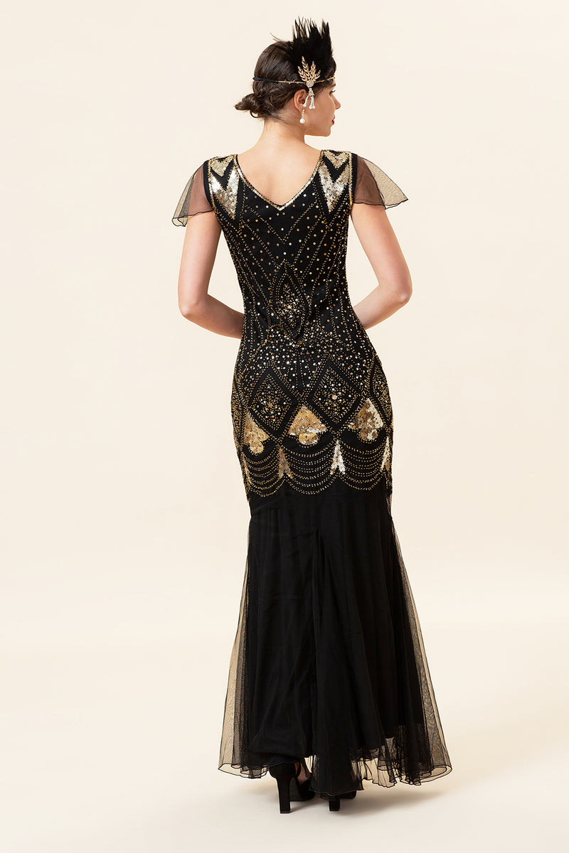 Load image into Gallery viewer, Black and Gold Long Sequin 1920s Dress