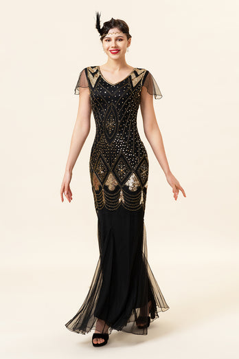 Black and Gold Long Sequin 1920s Dress