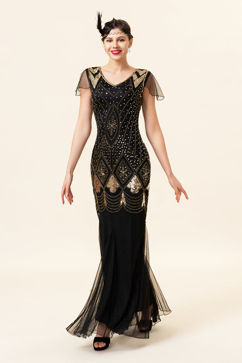 Load image into Gallery viewer, Black and Gold Long Sequin 1920s Dress