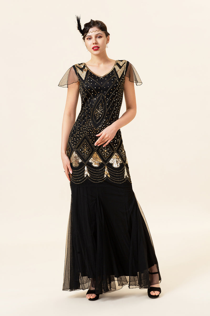 Load image into Gallery viewer, Black and Gold Long Sequin 1920s Dress