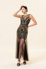 Load image into Gallery viewer, Black and Gold Long Tulle Sequin 1920s Dress
