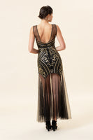 Load image into Gallery viewer, Black and Gold Long Tulle Sequin 1920s Dress