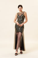 Load image into Gallery viewer, Black and Gold Long Tulle Sequin 1920s Dress
