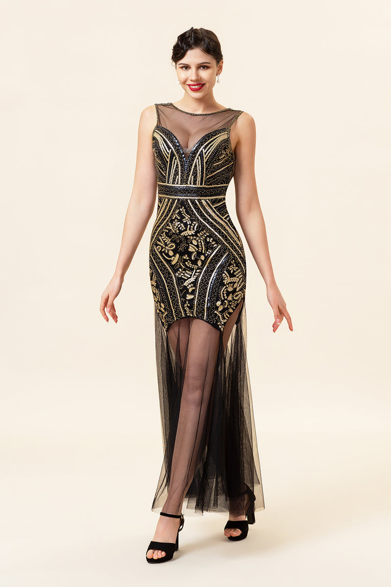 Load image into Gallery viewer, Black and Gold Long Tulle Sequin 1920s Dress