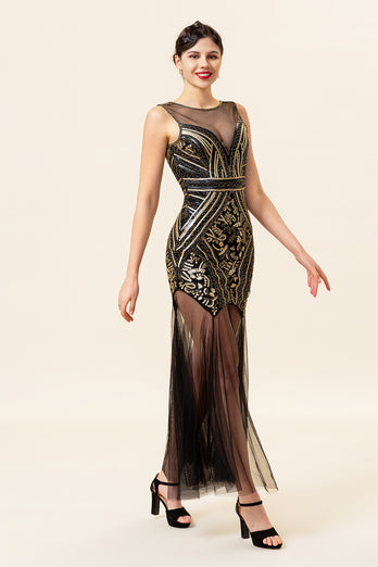 Black and Gold Long Tulle Sequin 1920s Dress