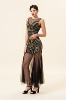 Load image into Gallery viewer, Black and Gold Long Tulle Sequin 1920s Dress