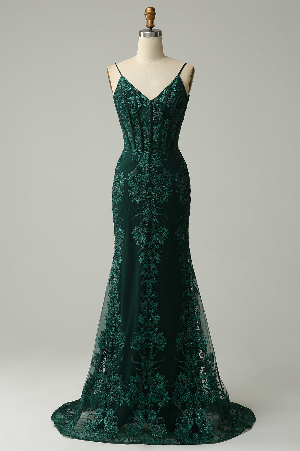 Mermaid Corset Peacock Green Long Prom Dress with Appliques