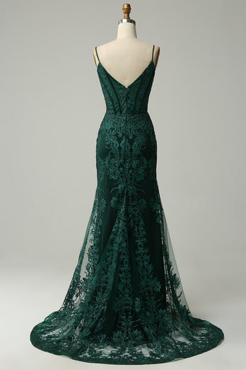 Mermaid Corset Peacock Green Long Prom Dress with Appliques