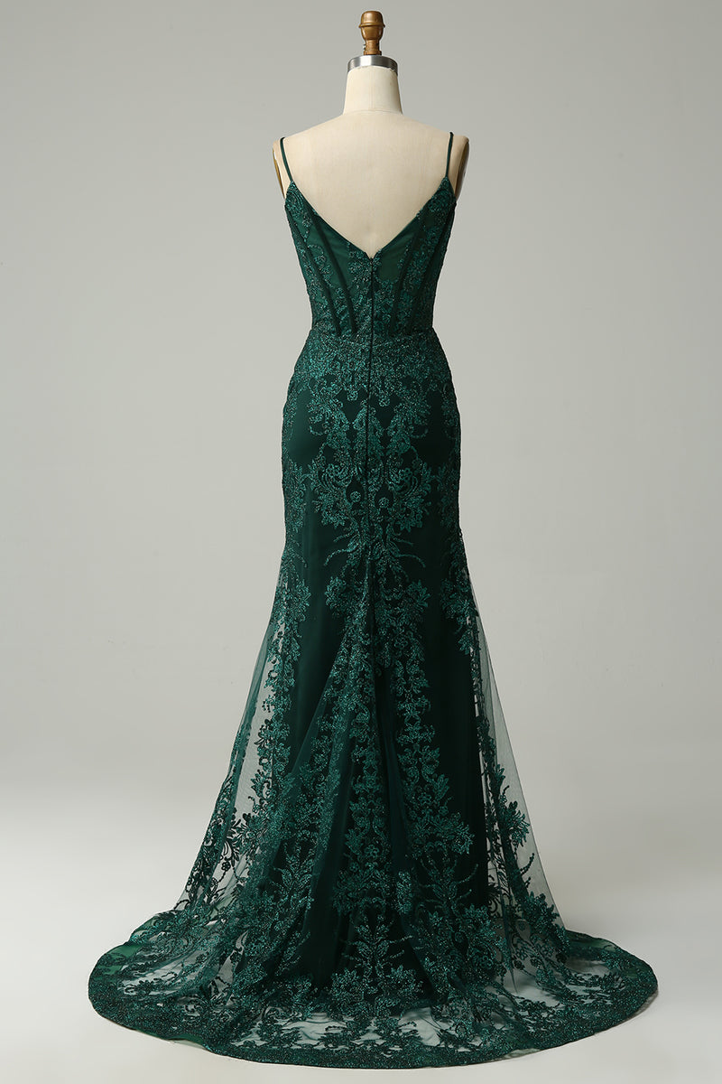 Load image into Gallery viewer, Mermaid Corset Peacock Green Long Prom Dress with Appliques