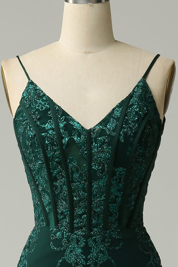 Mermaid Corset Peacock Green Long Prom Dress with Appliques