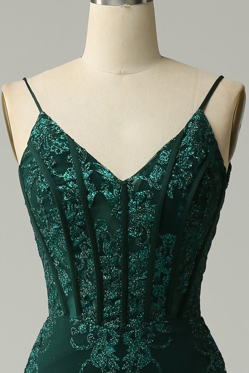 Load image into Gallery viewer, Mermaid Corset Peacock Green Long Prom Dress with Appliques