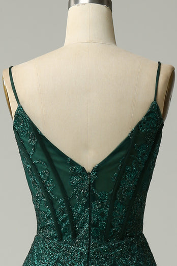 Mermaid Corset Peacock Green Long Prom Dress with Appliques