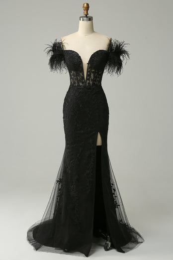 Black Mermaid Lace Long Prom Dress with Feathers