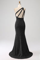 Load image into Gallery viewer, Sparkly Orange Mermaid One Shoulder Sequins Prom Dress with Slit