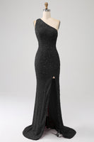 Load image into Gallery viewer, Sparkly Orange Mermaid One Shoulder Sequins Prom Dress with Slit