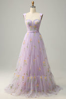 Load image into Gallery viewer, A-Line Purple Long Prom Dress with Embroidery