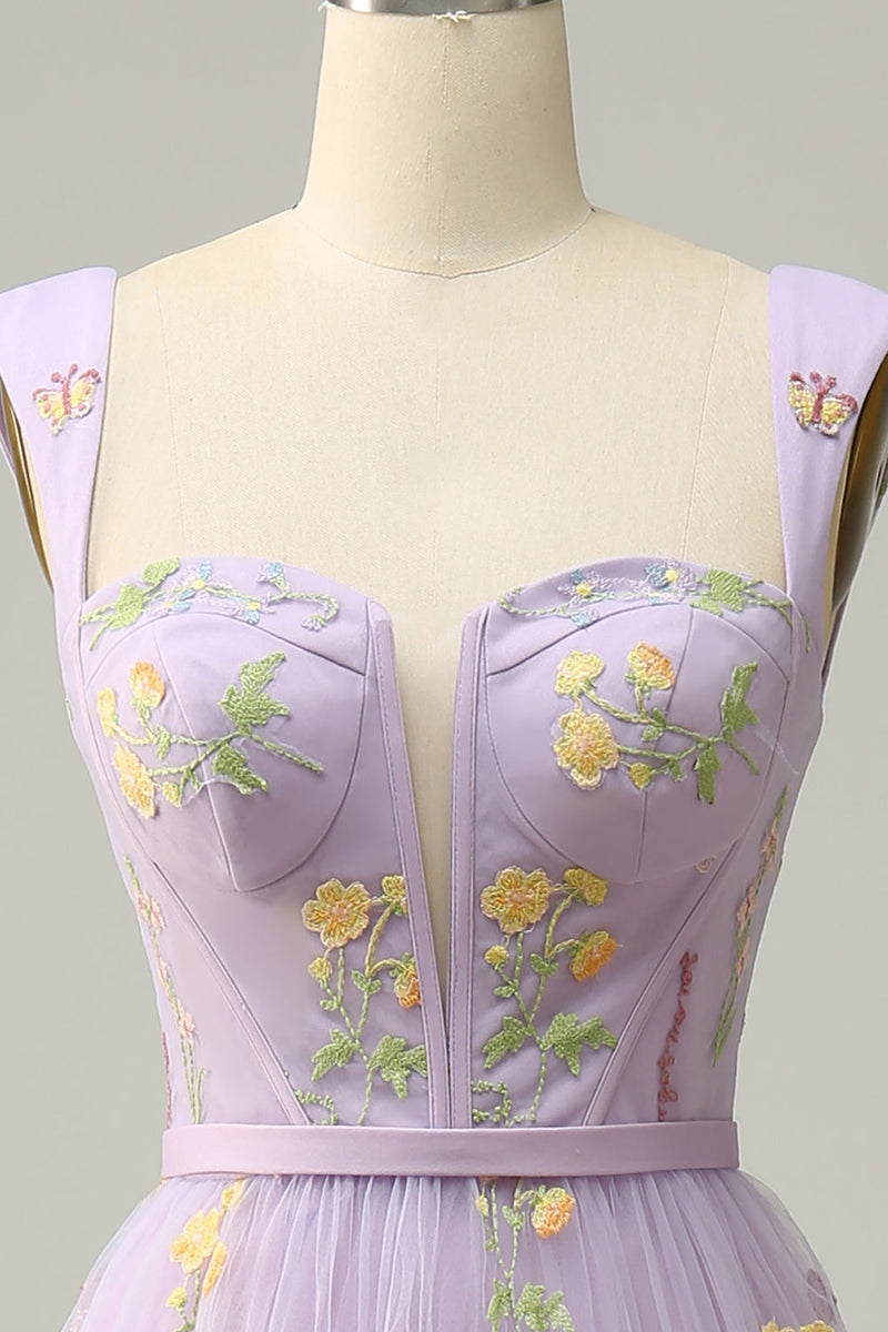 Load image into Gallery viewer, A-Line Purple Long Prom Dress with Embroidery