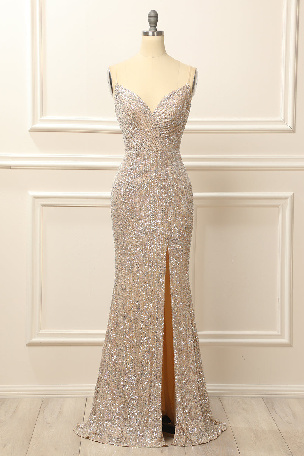 Silver Sequins Long Prom Dress with Slit