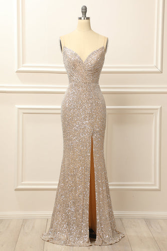 Silver Sequins Long Prom Dress with Slit