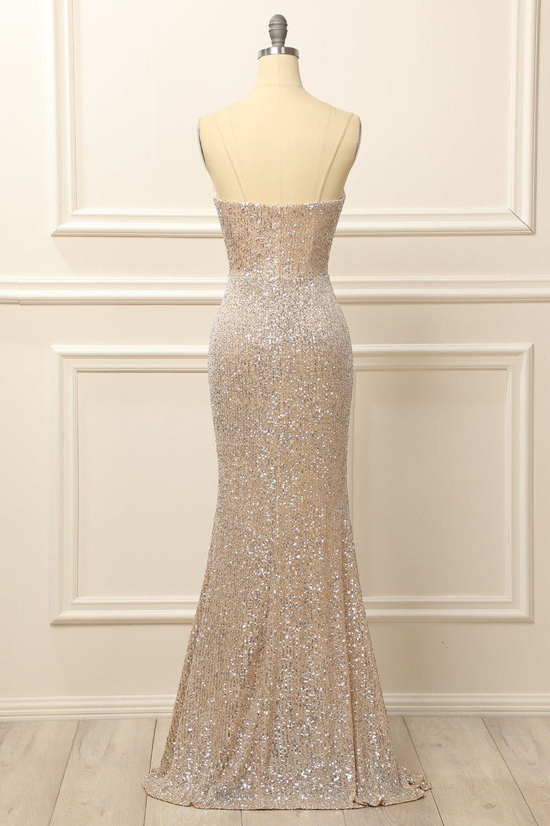 Queendancer Women Sparkly Champagne Long Prom Dress Sheath Spaghetti ...