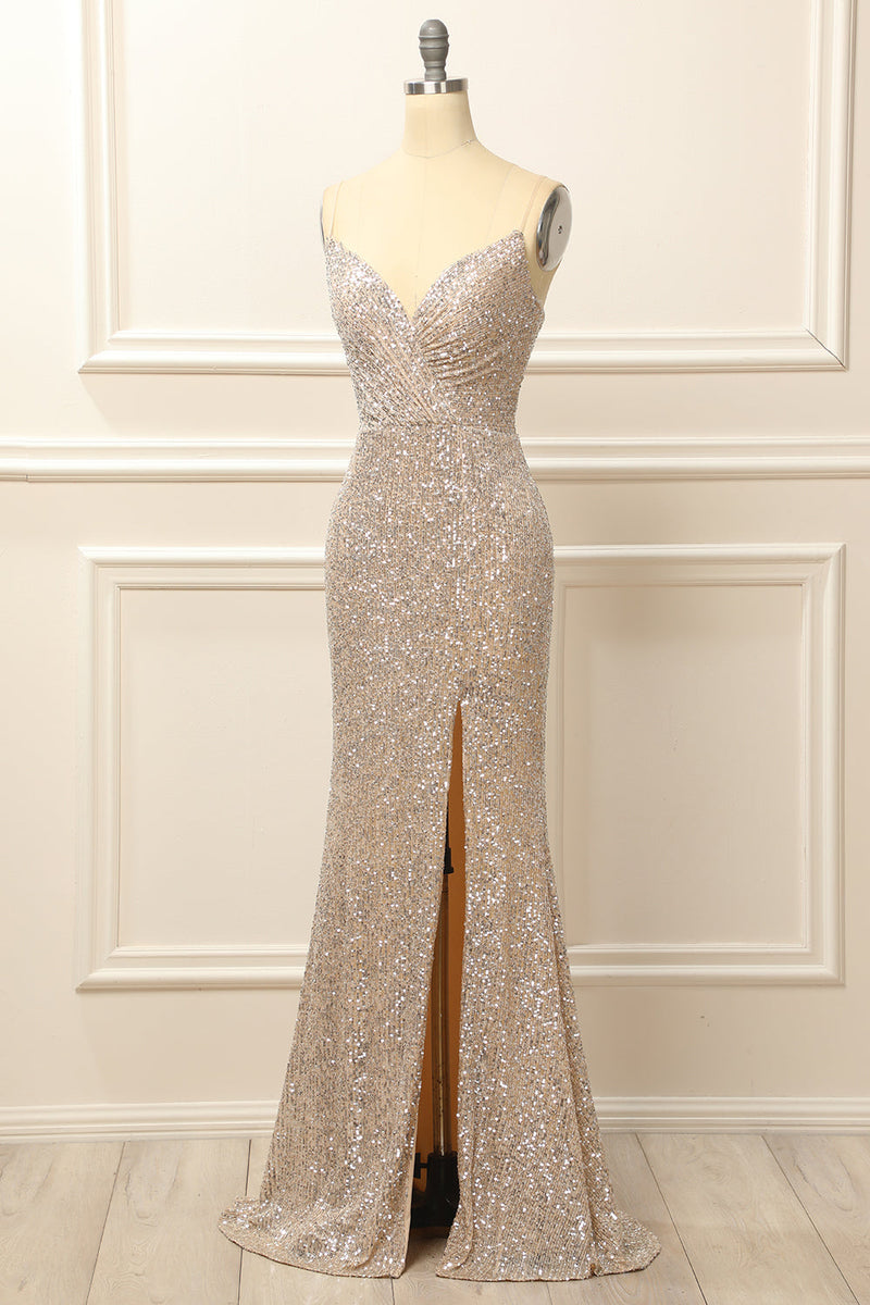 Load image into Gallery viewer, Silver Sequins Long Prom Dress with Slit