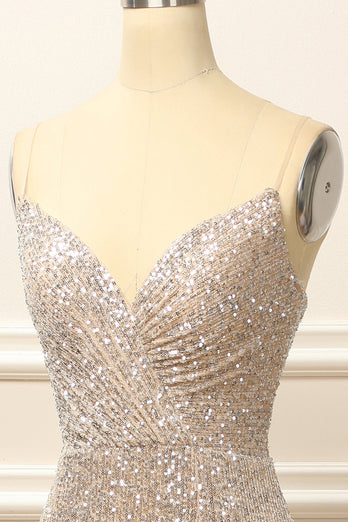 Silver Sequins Long Prom Dress with Slit