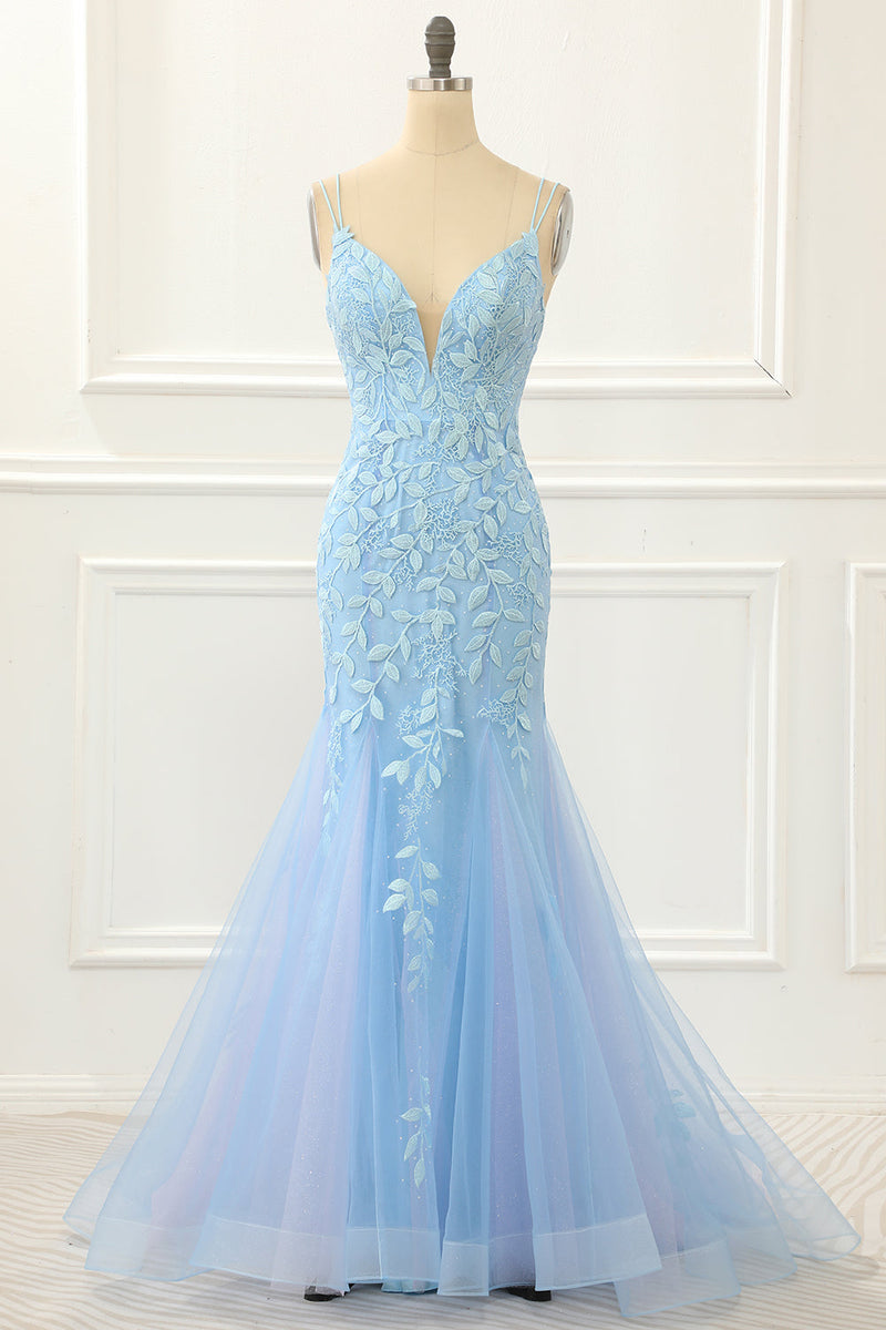Load image into Gallery viewer, Blue Tulle Lace-up Back Mermaid Prom Dress with Appliques