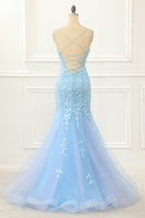Load image into Gallery viewer, Blue Tulle Lace-up Back Mermaid Prom Dress with Appliques