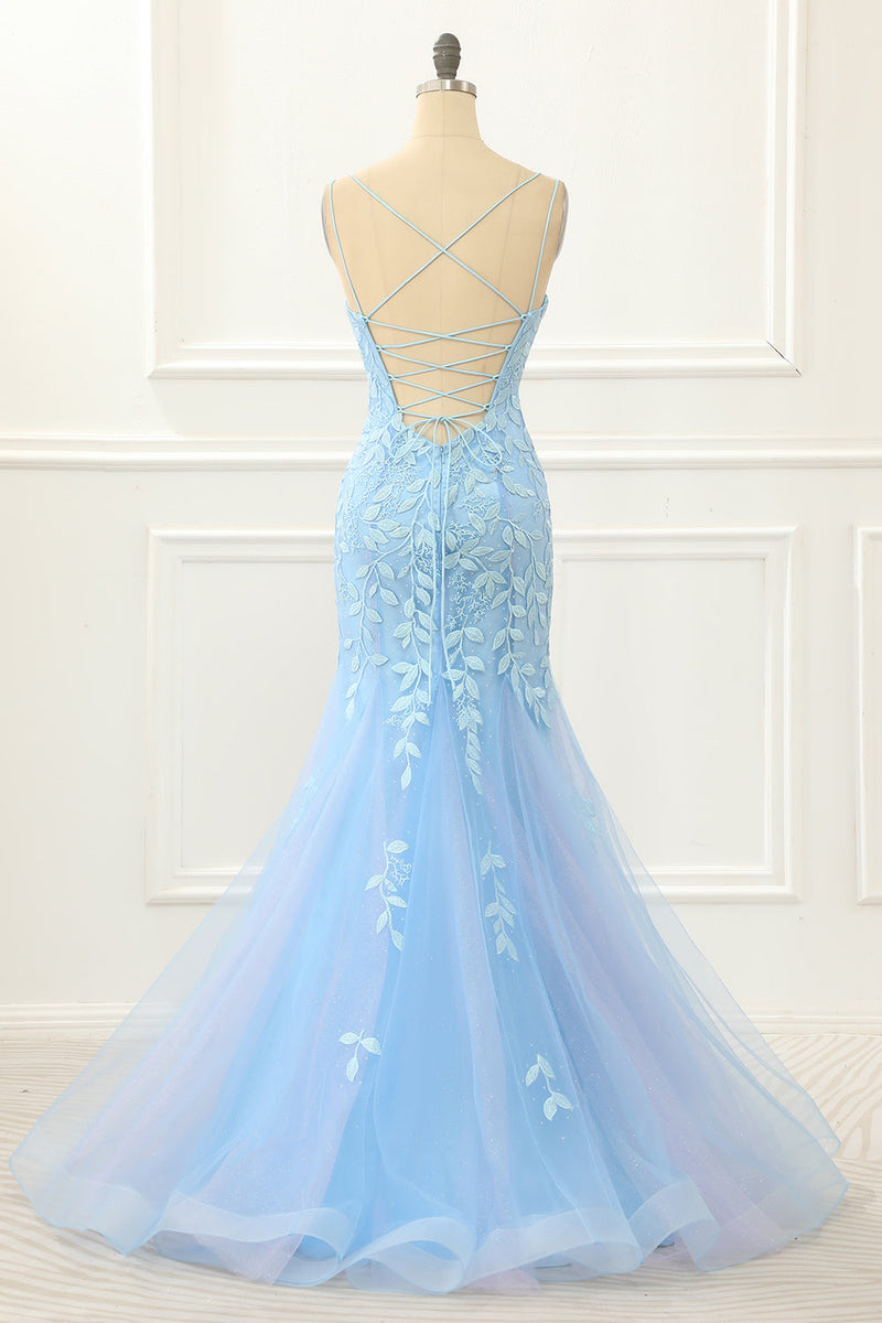 Load image into Gallery viewer, Blue Tulle Lace-up Back Mermaid Prom Dress with Appliques