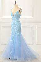 Load image into Gallery viewer, Blue Tulle Lace-up Back Mermaid Prom Dress with Appliques