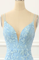 Load image into Gallery viewer, Blue Tulle Lace-up Back Mermaid Prom Dress with Appliques