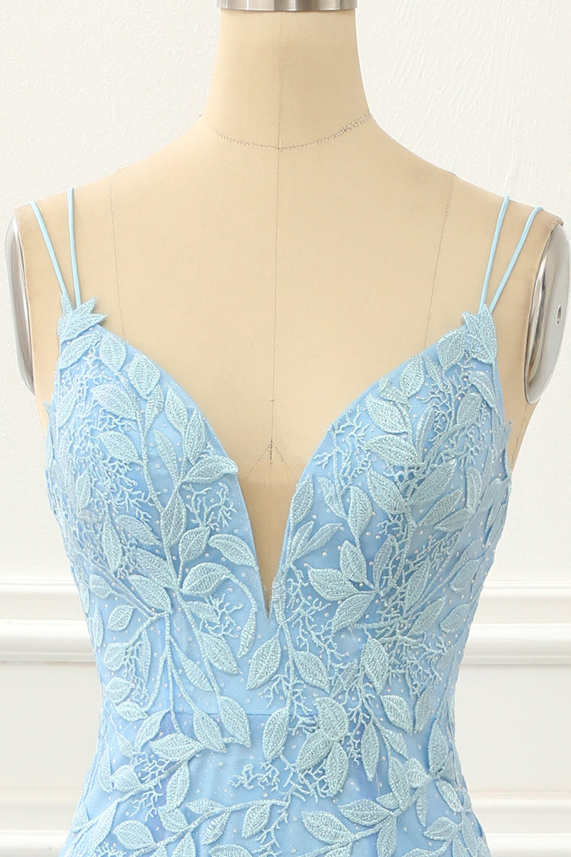 Load image into Gallery viewer, Blue Tulle Lace-up Back Mermaid Prom Dress with Appliques