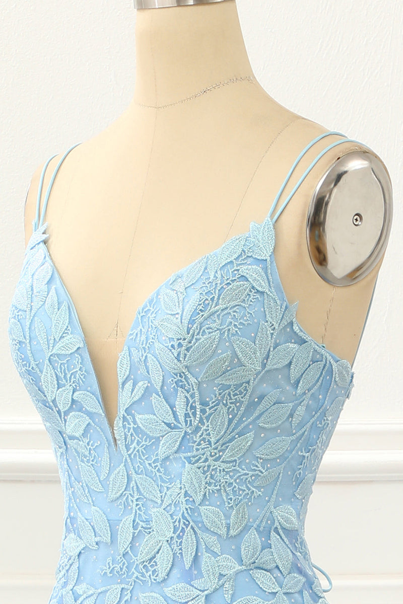 Load image into Gallery viewer, Blue Tulle Lace-up Back Mermaid Prom Dress with Appliques