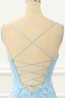 Load image into Gallery viewer, Blue Tulle Lace-up Back Mermaid Prom Dress with Appliques