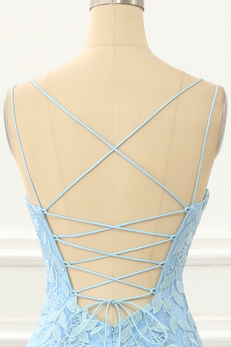 Load image into Gallery viewer, Blue Tulle Lace-up Back Mermaid Prom Dress with Appliques