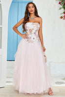 Load image into Gallery viewer, Strapless A Line Pink Tulle Prom Dress with Appliques
