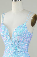 Load image into Gallery viewer, Sparkly Lace-Up Back Light Blue Short Prom Dress