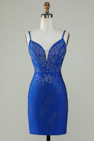 Load image into Gallery viewer, Royal Blue Beaded Spaghetti Straps Bodycon Short Prom Dress