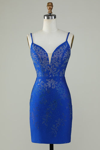 Royal Blue Beaded Spaghetti Straps Bodycon Short Prom Dress