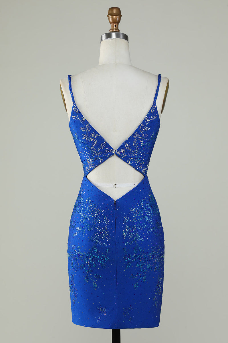 Load image into Gallery viewer, Royal Blue Beaded Spaghetti Straps Bodycon Short Prom Dress