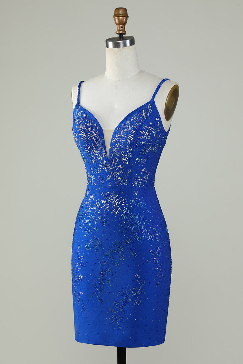 Load image into Gallery viewer, Royal Blue Beaded Spaghetti Straps Bodycon Short Prom Dress