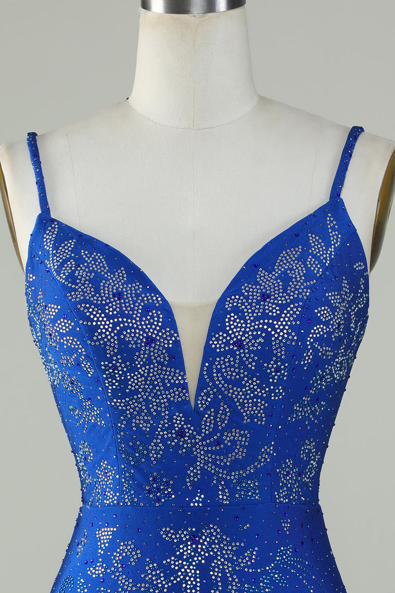 Load image into Gallery viewer, Royal Blue Beaded Spaghetti Straps Bodycon Short Prom Dress