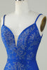Load image into Gallery viewer, Royal Blue Beaded Spaghetti Straps Bodycon Short Prom Dress