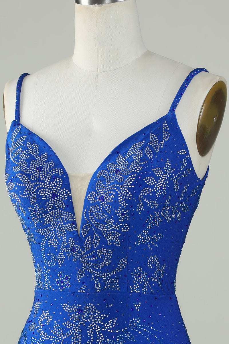 Load image into Gallery viewer, Royal Blue Beaded Spaghetti Straps Bodycon Short Prom Dress