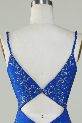 Royal Blue Beaded Spaghetti Straps Bodycon Short Prom Dress