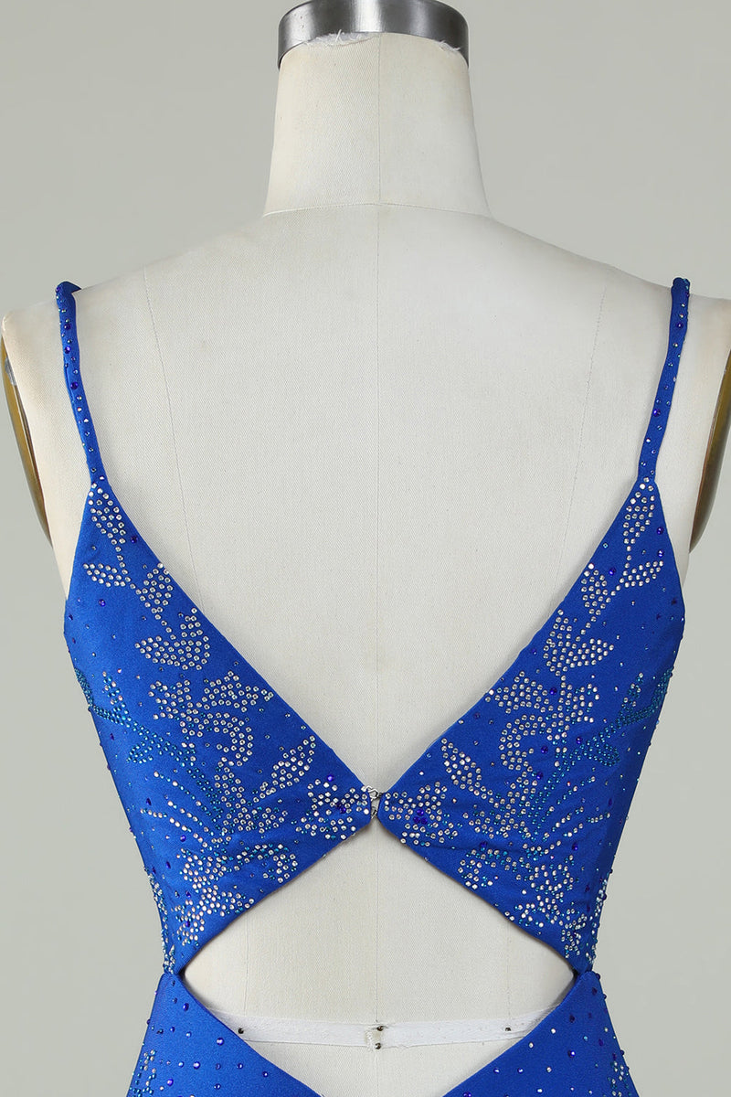 Load image into Gallery viewer, Royal Blue Beaded Spaghetti Straps Bodycon Short Prom Dress