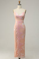 Load image into Gallery viewer, Light Pink Spaghetti Straps Jacquard Long Prom Dress with Slit