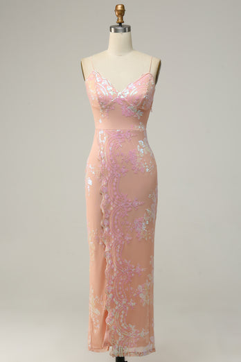 Light Pink Spaghetti Straps Jacquard Long Prom Dress with Slit
