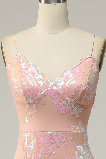 Light Pink Spaghetti Straps Jacquard Long Prom Dress with Slit