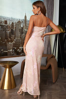 Load image into Gallery viewer, Light Pink Spaghetti Straps Jacquard Long Prom Dress with Slit
